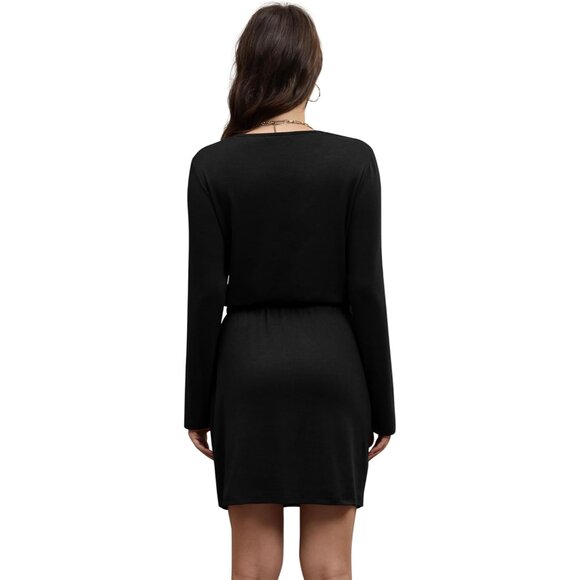 Fall Dress Women Casual Long Sleeve V Neck A-Line Pockets Belt - Picture 5 of 5